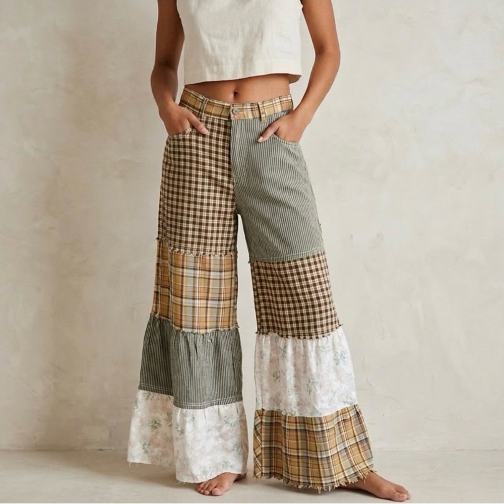 POL Patchwork Boho Cottagecore Wide Leg Tiered Pants Small 100% Cotton Oversized